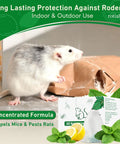 24 Pack Peppermint Oil Rodent Repellent Busts Mice Rats Spiders Roaches Squirrels Inside Out with a gray rat near a broken package.