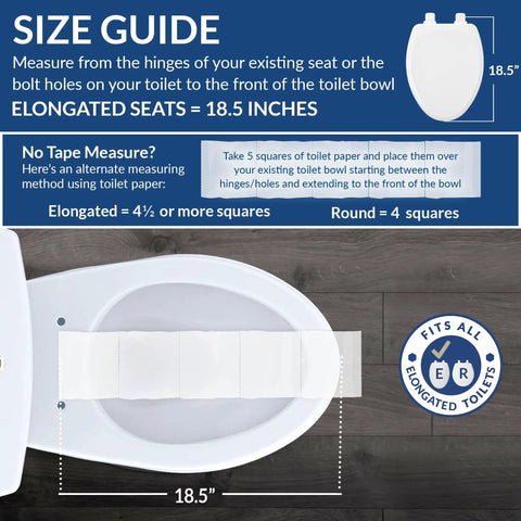 Size guide for Elongated Slow Close Toilet Seat With Easy Clean Hinges Adjustable Front To Back Fit Wood Seat Made In USA