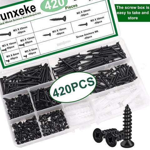 420 Pc Wood Screw Kit Assortment M3 And M2.8 Self-Tapping Phillips Flat Head Screws With Black Finish And 20 Pc M6 Anchors
