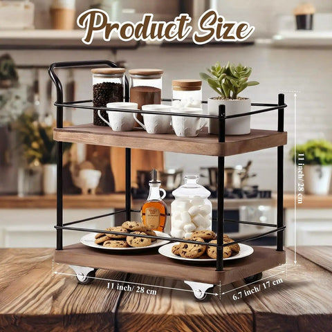 Dope Vintage Two Tier Mini Wood Coffee Bar Cart With Smooth Rolling Wheels And Spacious Dual Shelves For Any Cozy Hangout Or Quick Serve Beverage Station, with cookies and jars.