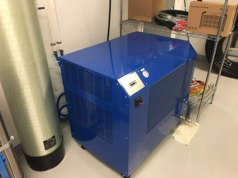NSC1000-230-1 Freeze 1-Ton Industrial Chiller indoors for lasers and welding, blue metal, air-cooled, temperature control