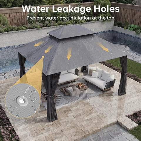 12 By 10 Foot Gazebo With Double Roof And Mosquito Netting For Outdoor Parties Heavy Duty Backyard Patio Tent with Water Leak Holes