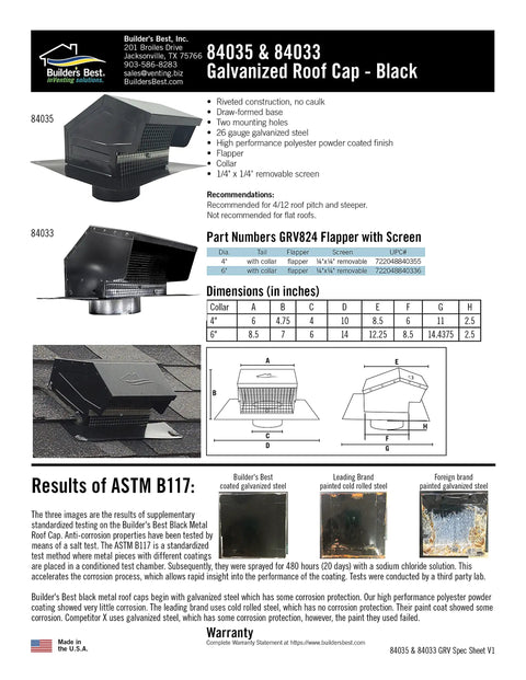 Galvanized Steel Roof Vent Cap With Damper And Removable Screen 6 Inch Collar Black Finish product specifications and dimensions sheet