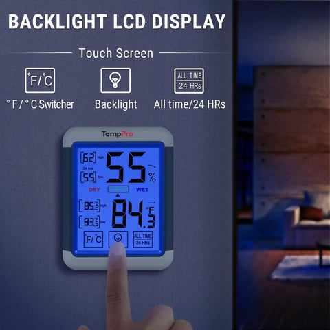Digital Indoor Hygrometer Thermometer With Touchscreen 4Inch Large Display Easy Readings And Front Button Operation High Accuracy Humidity And Temperature Monitor For Home Or Your Pad, wall-mounted
