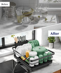 Before and after of Compact Dish Drying Rack For Kitchen Counter Black holding 10 plates and bowls with sink view.