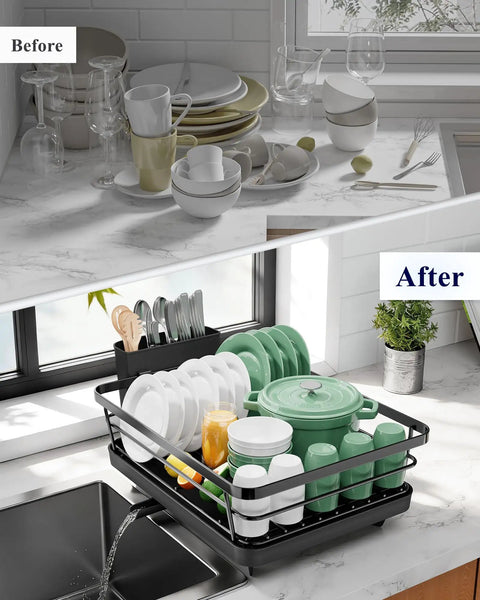Before and after of Compact Dish Drying Rack For Kitchen Counter Black holding 10 plates and bowls with sink view.