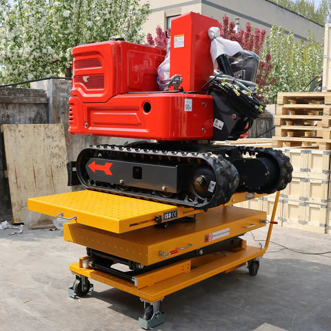 Boss Grade Electric Hydraulic Lift Table With 2600 Lbs Capacity And Dual Locking Casters, Mobile Scissor Cart For EV Battery Packs And Transmissions with red electric motor.
