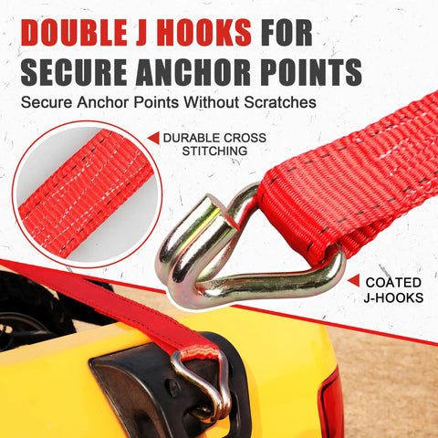 Beefed Up Heavy Duty Ratchet Straps 4 Pack 4500 Lbs Breaking Strength 1.5 Inch Wide 15 Foot Tie Down Double J Hooks Red