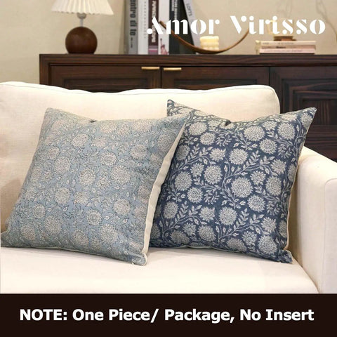 Floral Pillow Covers 18x18 Vintage Block Print Throw Pillow Covers In Neutral Dusty Blue For Living Room Farmhouse Style Cozy Homey Couch Decor Accent Sofa Pillows, two cotton covers on sofa
