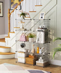 Wire Cube Storage Organizer With Twelve Modular Grids For Home Office And Living Room Large Capacity Silver Gray in use by stairs