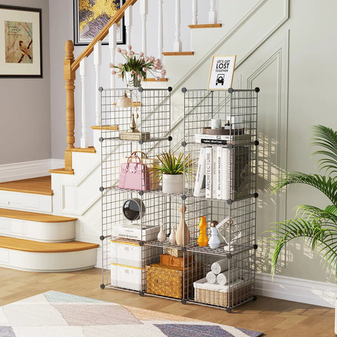 Wire Cube Storage Organizer With Twelve Modular Grids For Home Office And Living Room Large Capacity Silver Gray in use by stairs