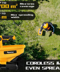 Power Spreader For Dewalt 20V And 60V Batteries, Seed And Fertilizer Spreader For Year Round Yard Care, Covers Up To 5,000 Sq Ft, Tool Only No Battery Included, top view operation on lawn