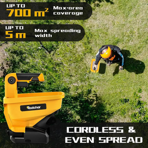 Power Spreader For Dewalt 20V And 60V Batteries, Seed And Fertilizer Spreader For Year Round Yard Care, Covers Up To 5,000 Sq Ft, Tool Only No Battery Included, top view operation on lawn