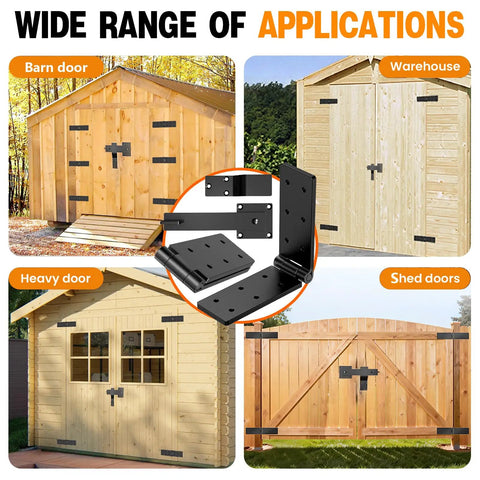 Heavy Duty Gate Hinge and Latch Set 2 Pack, 270 Degree Full Swing for Wood Fence, Rust Resistant and Weatherproof Black Hardware, Keeps Gates From Sagging and Binding, Easy Install, Tough as Nails Built to Last for Fencing on barn, shed and warehouse doors