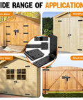 Heavy Duty Gate Hinges And Latch Set 4 Pack 270 Degree Full Swing Black T Hinges shown on barn, warehouse, and shed doors.