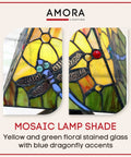 Vintage Tiffany Style Floral Glass Table Lamp With White Stained Glass And Colorful Jewels, mosaic shade detail