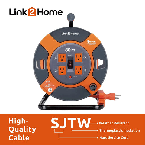 Heavy Duty 80 Foot Cord Reel Extension Cord With Four Outlets High Visibility 14 AWG SJTW Cable Tangle Free Cord Management Built In Reel And Safety Circuit Breaker For Overload Protection