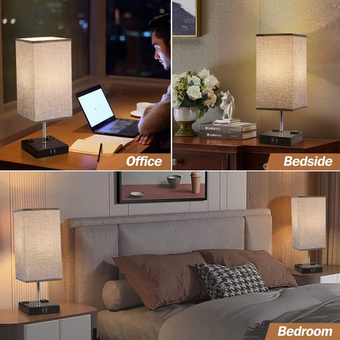 Collage of Two Pack Modern Table Lamps with 3 Way Dimmable Touch Control, Dual USB Ports, and Grey Fabric Shade in office and bedroom settings.
