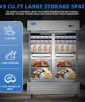 Heavy Duty Commercial Upright Freezer Rocking Slick Digital Temp Display Eight High Capacity Shelves Kickass Auto Defrost And Forty Nine Cubic Feet Of Storage showcasing large storage space for fish, chicken, and meats.