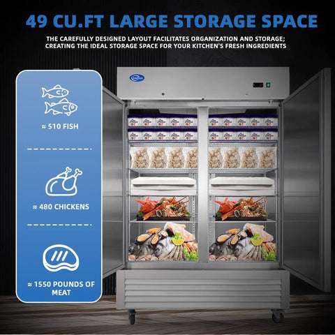 Heavy Duty Commercial Upright Freezer Rocking Slick Digital Temp Display Eight High Capacity Shelves Kickass Auto Defrost And Forty Nine Cubic Feet Of Storage showcasing large storage space for fish, chicken, and meats.