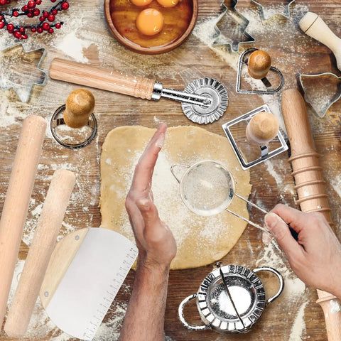 All In One Pasta Making Tools Set for Home Cooks, 14 Piece Ravioli Mold Kit with Wooden Handle, Roller Wheel Cutter, and Ravioli Press Mold