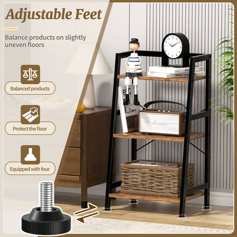 Rock Solid 3 Tier Ladder Bookshelf With Heavy Duty Steel Frame in rustic brown with adjustable feet for stability.