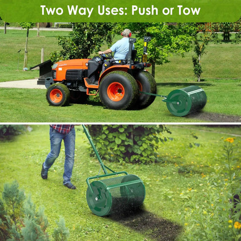 Heavy Duty 24 Inch Compost Spreader For Lawn And Garden With Beefed Up Peat Moss And Topsoil Spreader Three Height Settings Powder Coated Metal Mesh Side Latch Upgrade Tow Or Push Versatility in use
