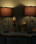 Industrial Farmhouse Table Lamps Set Of 2 Black Finish With Brown Fabric Shades for Living Room on blue cabinet