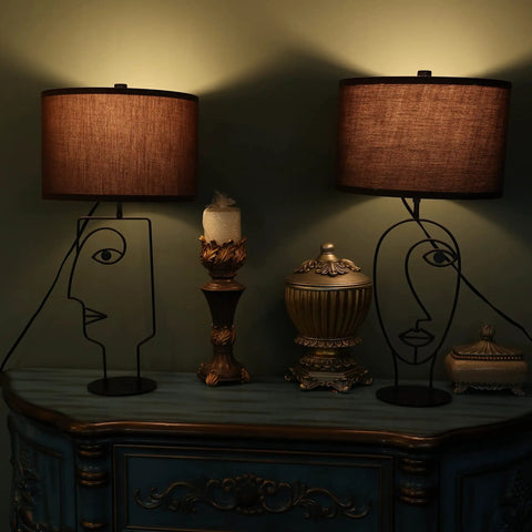 Industrial Farmhouse Table Lamps Set Of 2 Black Finish With Brown Fabric Shades for Living Room on blue cabinet