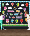 Children decorating with Dream Big Bulletin Board Set 66 Pieces With Hot Air Balloons Cloud Borders 3D Honeycombs Kites And Sky Themed Decor For First Day Of School Classroom Decoration