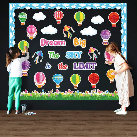 Children decorating with Dream Big Bulletin Board Set 66 Pieces With Hot Air Balloons Cloud Borders 3D Honeycombs Kites And Sky Themed Decor For First Day Of School Classroom Decoration