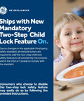Smiling child next to a bowl of soup, text highlights new mandatory two-step child lock feature for GE Appliances microwaves.