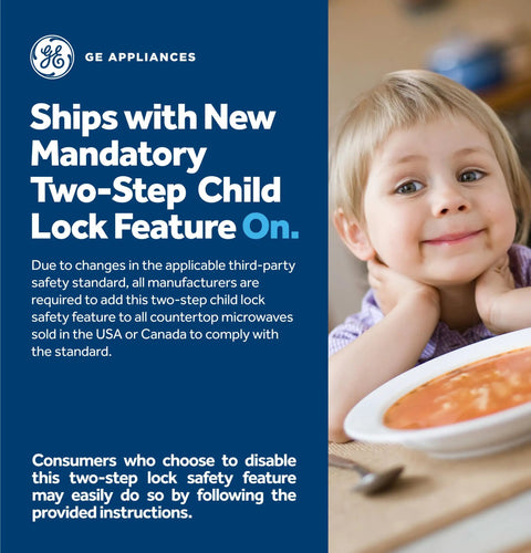 Smiling child next to a bowl of soup, text highlights new mandatory two-step child lock feature for GE Appliances microwaves.