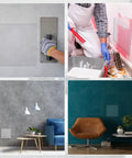 Collage of using the 2 Pack 8 By 8 Inch White Pvc Plumbing Access Panel For Drywall with tools and applications in different settings.