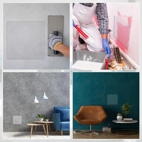 Collage of using the 2 Pack 8 By 8 Inch White Pvc Plumbing Access Panel For Drywall with tools and applications in different settings.