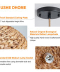 Farmhouse Rattan Pendant Light Hand Woven Seagrass Dome Chandelier details including ceiling plate and lamp socket