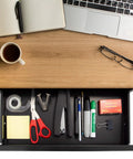 Heavy Duty Steel Under Desk Drawer With Key Lock And Smooth Glide Tracks For Secure Private Slide Out Table Storage Organizer filled with office supplies.