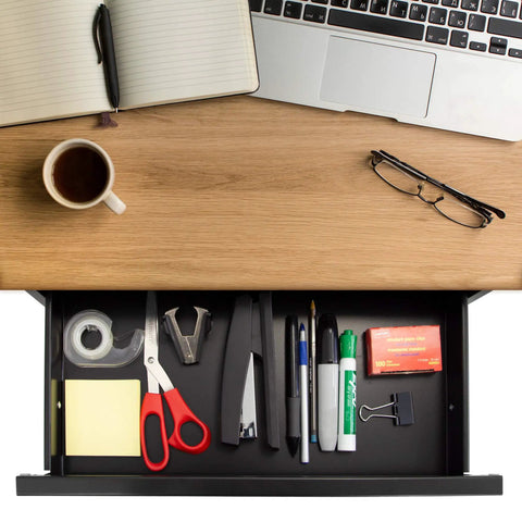 Heavy Duty Steel Under Desk Drawer With Key Lock And Smooth Glide Tracks For Secure Private Slide Out Table Storage Organizer filled with office supplies.