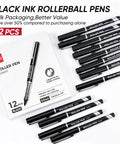 Rollerball Pens 0.5 Mm Fine Tip Black Ink 12 Pack, Smooth Glide And Skip Free Writing With Stainless Steel Needle Tip And Tungsten Carbide