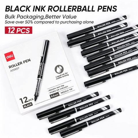 Rollerball Pens 0.5 Mm Fine Tip Black Ink 12 Pack, Smooth Glide And Skip Free Writing With Stainless Steel Needle Tip And Tungsten Carbide