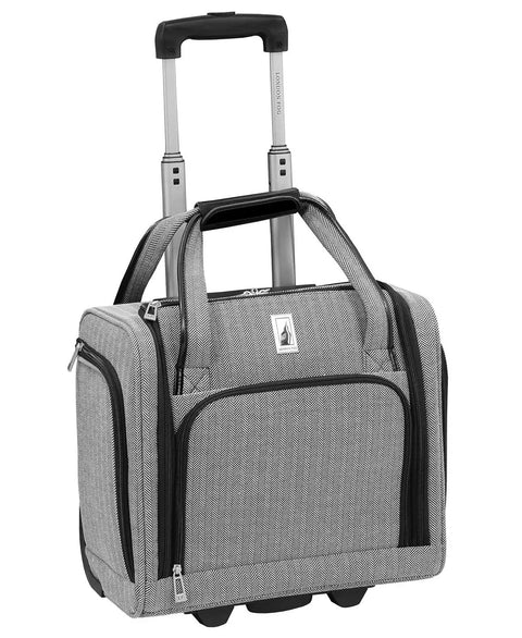 Newcastle 15 Inch Underseat Luggage with telescoping handle, black white herringbone rolling tote, organizer pockets, aluminum lock