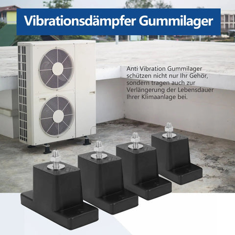 Heavy Duty Rubber Vibration Isolator Mounts 4 Pack For Mini Split HVAC Heat Pump And Central Air Condensers Floor Bracket 4 3 8 Inch By 1 3 4 Inch By 2 3 8 Inch With M8 Studs Anti Vibration Damper Shock Absorbers 200 Kg Capacity shown next to HVAC unit.
