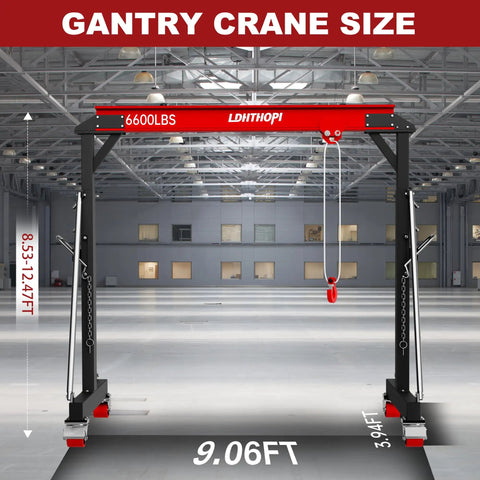 Heavy Duty 3 Ton Gantry Crane 6600 Lbs Heavy Liftin Power with specified dimensions in a workshop setting.