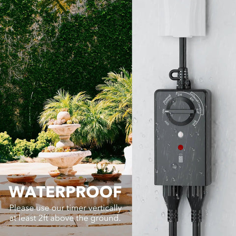 No Sweat Weatherproof Outdoor Timer Outlet With Photo Sensor And Dual Grounded Plugs For Auto Dusk Activation Of Yard Lights, mounted near outdoor fountain.