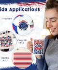Woman holding mug with American Honey design, Independence Day USA Flag Sublimation Transfer Paper 10 Sheets 12x10 applications on T-shirt, canvas bag, and mouse pad shown.