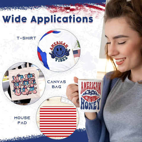 Woman holding mug with American Honey design, Independence Day USA Flag Sublimation Transfer Paper 10 Sheets 12x10 applications on T-shirt, canvas bag, and mouse pad shown.