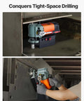 VEVOR low-profile magnetic drill press mounted to metal surface; orange motor housing, green body, Weldon shank.

VEVOR magnetic drill press installed on metal surface; operator wearing gloves uses the handles.