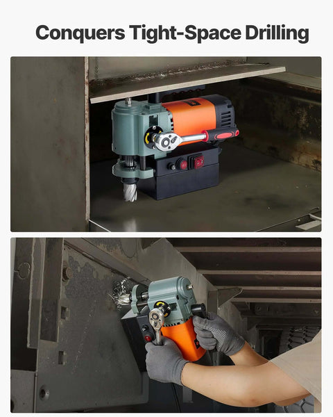 VEVOR low-profile magnetic drill press mounted to metal surface; orange motor housing, green body, Weldon shank.

VEVOR magnetic drill press installed on metal surface; operator wearing gloves uses the handles.