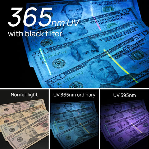 Money under different UV light showing with 2 Pack USB-C Rechargeable 365nm UV Blacklight Flashlights For Pet Urine And Stain Detection
