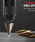 Heavy Duty Step Drill Bit Set With Countersink Bits Titanium Coated HSS 50 Hole Sizes Aluminum Case DIY Metalworking Kit For Making Clean Holes In Steel Aluminum Copper And More being used on metal surface